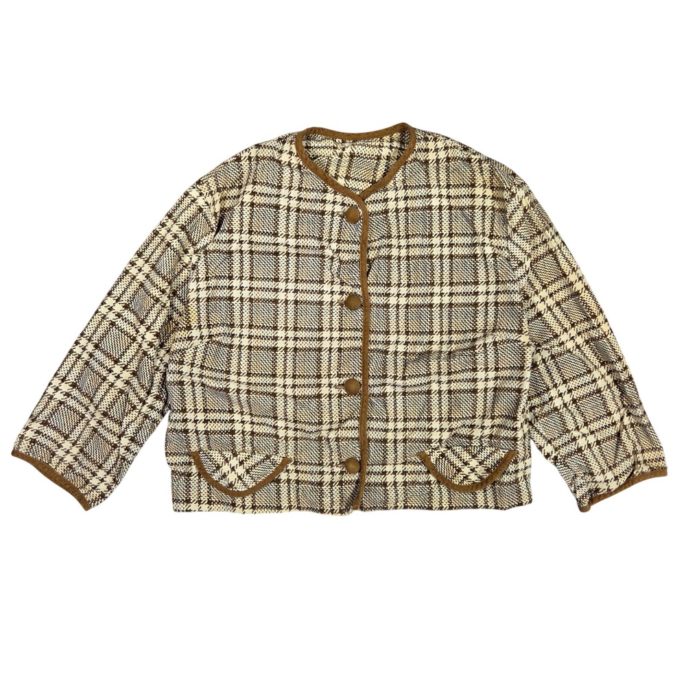 Vintage Carol Brent Montgomery Ward Plaid Cotton Jacket Brown Cream 16 Retro